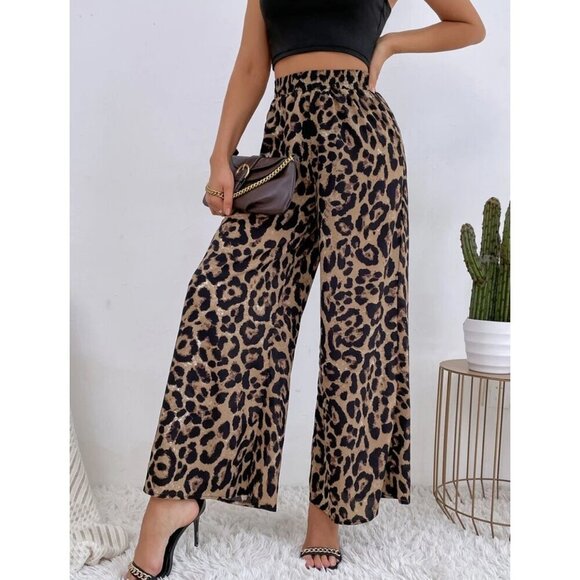 wide leg high rise elastic waist band leopard print pants boho - Picture 1 of 2